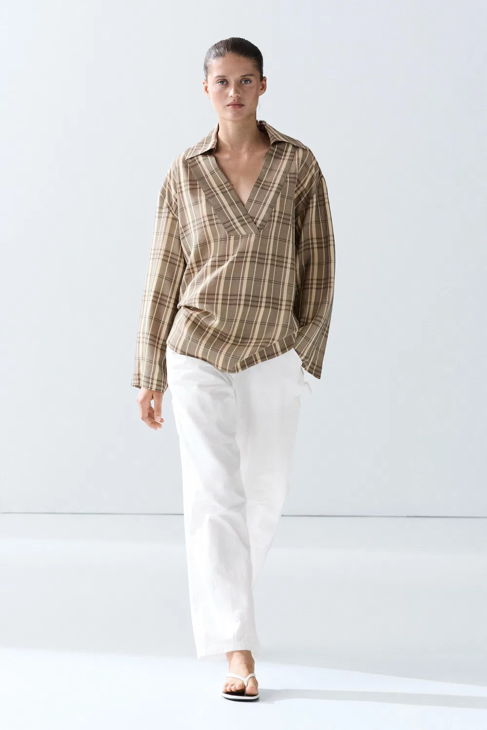 Рубашка-поло Massimo Dutti, оверсайз в клетку, серый