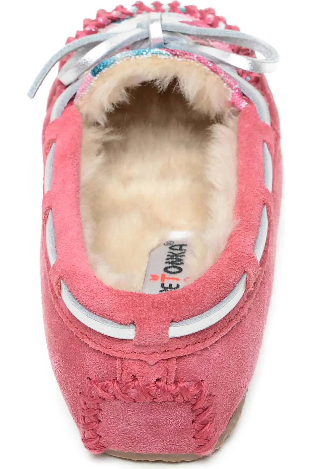 Детские тапочки на меху с шнуровкой Cassie Minnetonka, Mermaid Hot Pink — фото 4