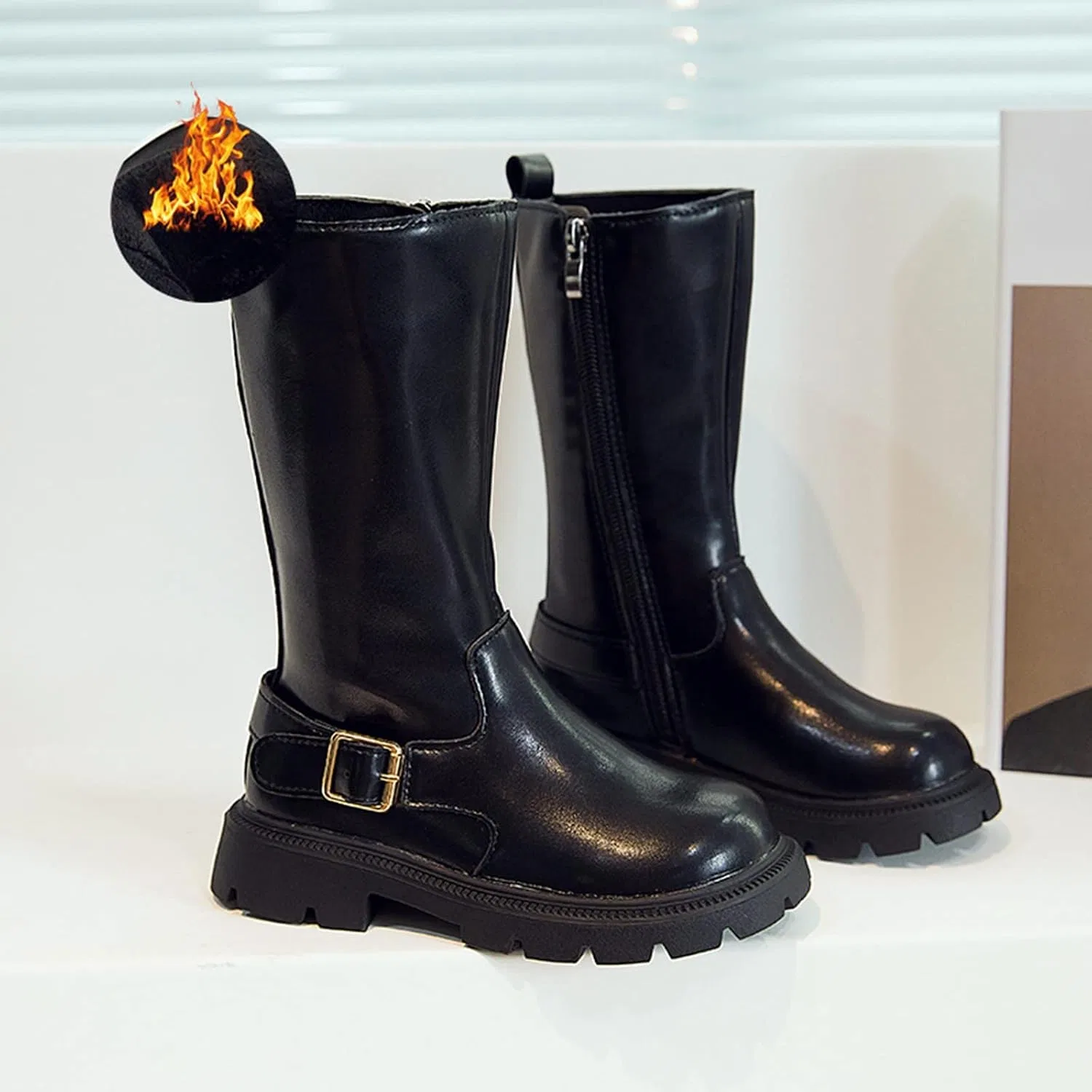 Детские ботинки для девочек с толстой подошвой Black Girls Shiny Boots, Black — фото 2