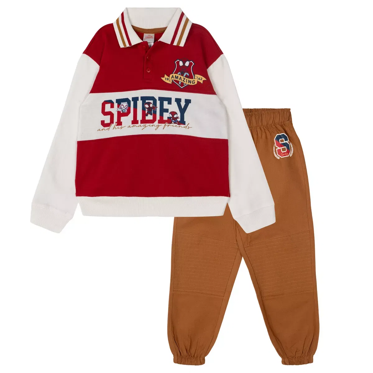 Детский комплект из флисовой рубашки поло и джоггеров с принтом Spidey and His Amazing Friends Marvel, Chestnut Brown