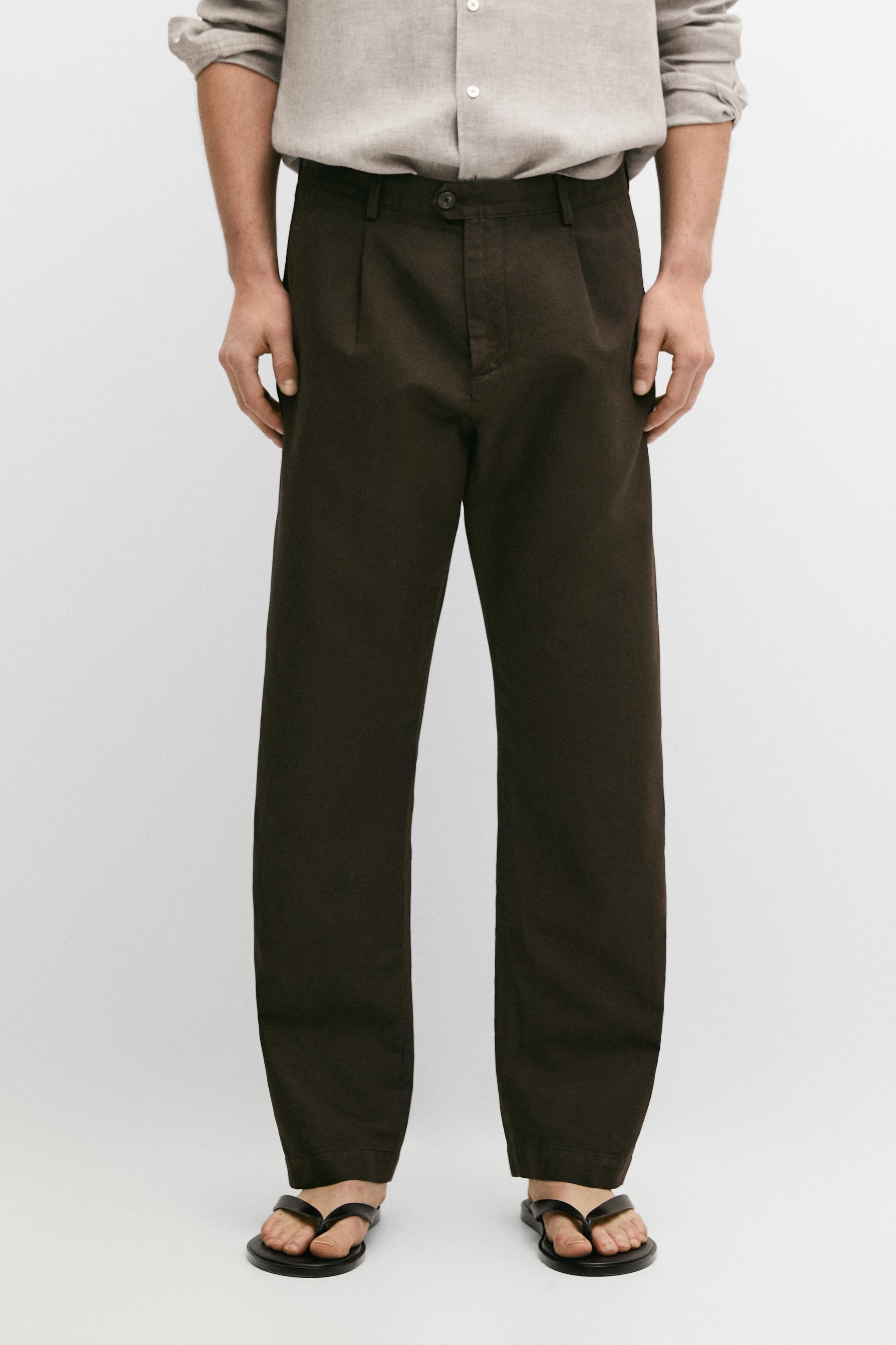 Брюки Massimo Dutti Straight-leg Linen And Cotton With Darts, коричневый — фото 3