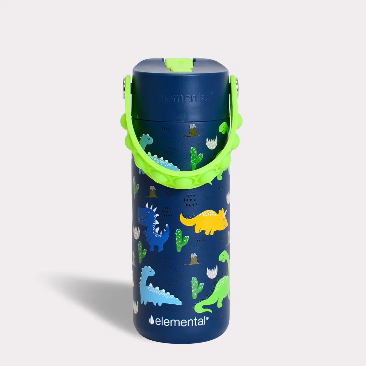 Детская бутылка для воды 530 мл с трубочкой и ручкой Pop-It из нержавеющей стали Dinosaur Elemental, Dinosaur