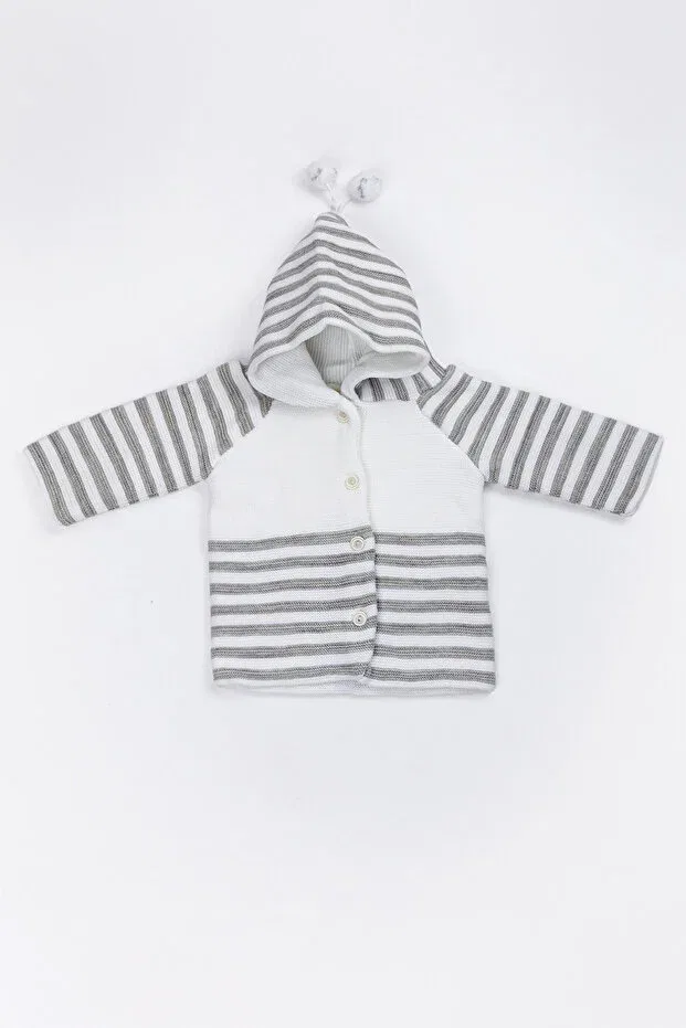 Детский кардиган с капюшоном Newborn hooded knitwear unisex pompom baby cardigan Yerli Baby, Striped Gray