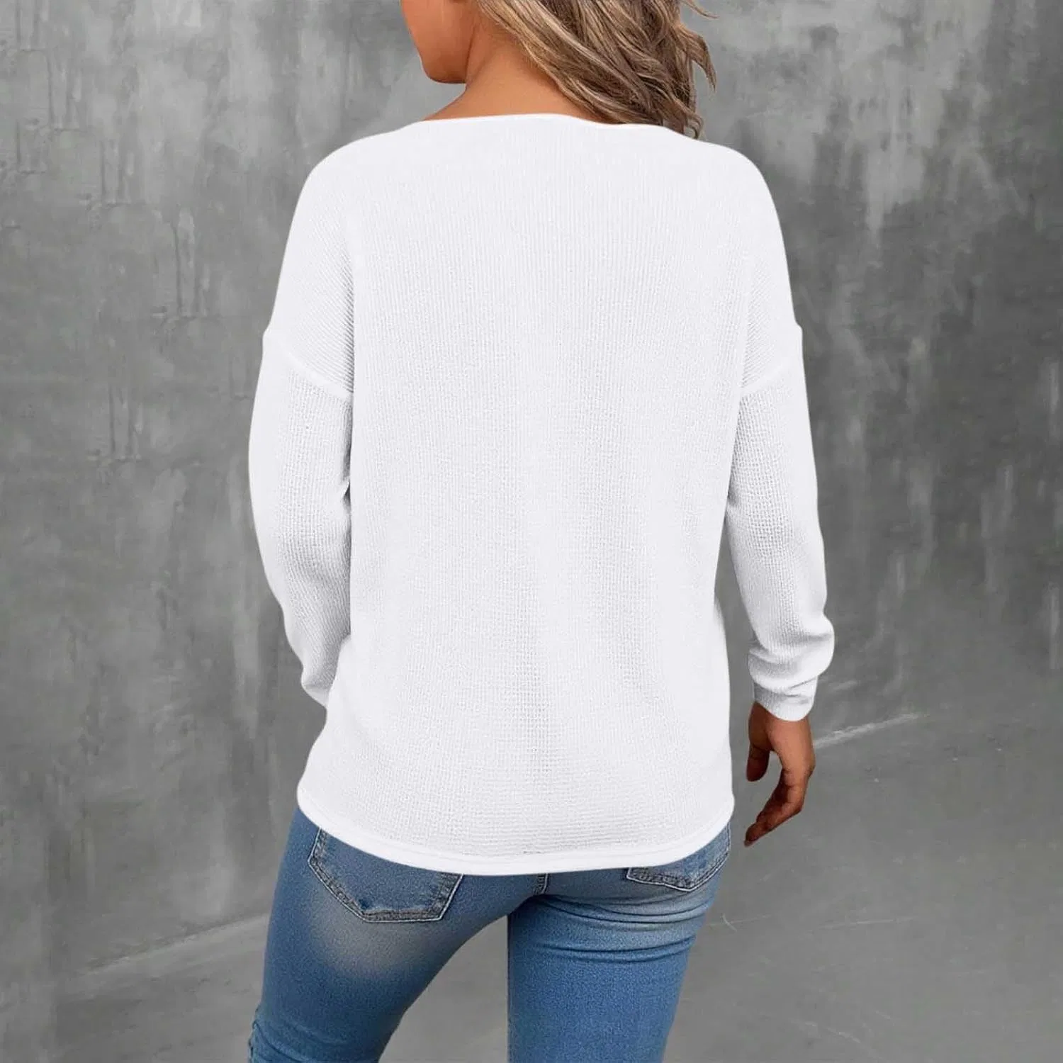 Женская футболка с v-образным вырезом Waffle Long Sleeve, White — фото 3