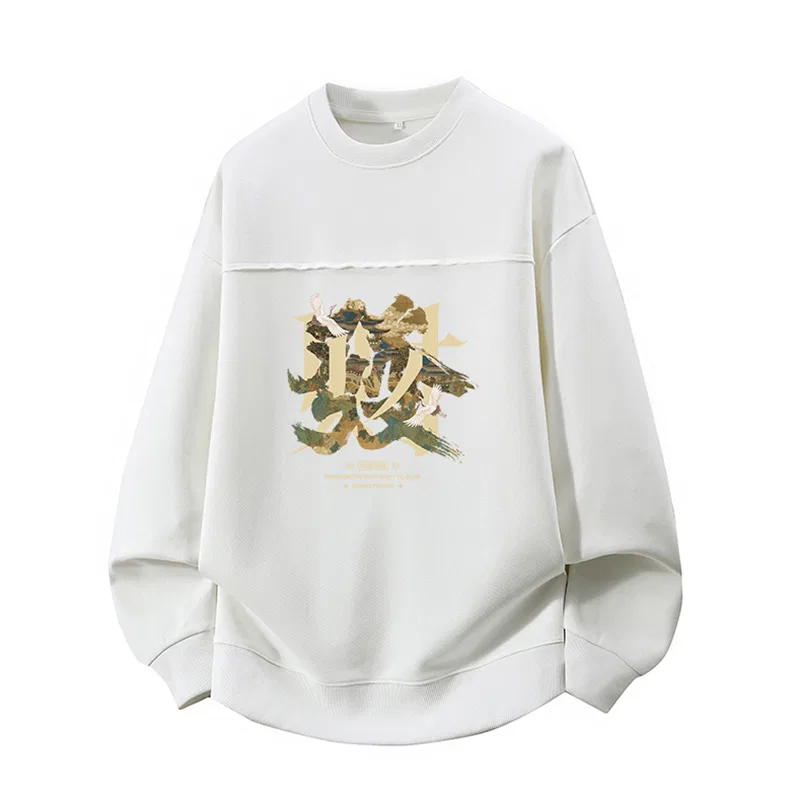 Детский свитшот с принтом Tonlion Ton Lion Solid Color Basic American Retro Loose Casual Sporty Trend Street Hip Hoo Versatile Brand Letter Logo Fashionable Chinese Style Prosperity Print Knitted Round Neck Pullover Long Sleeve Top, Raw White