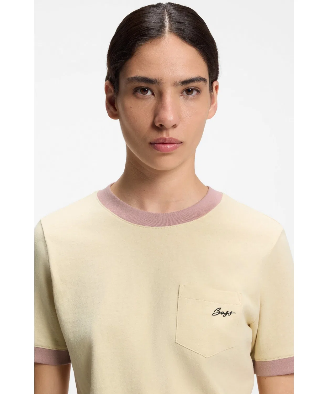 Женская футболка с контрастными rib-деталями Slim Fit BOSS, Camel — фото 2