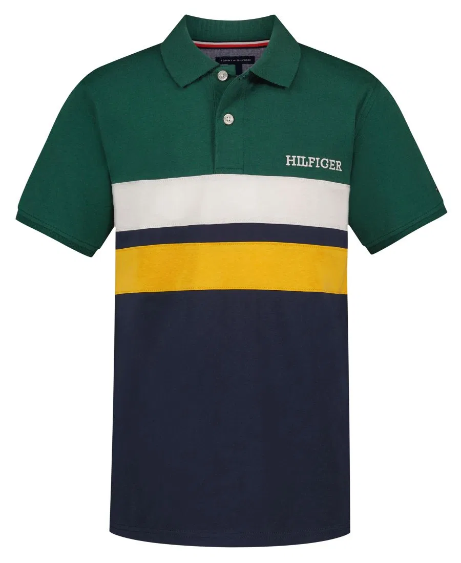 Детская рубашка-поло с длинным рукавом и цветовым блоком Tommy Hilfiger, Navy Blazer/Green
