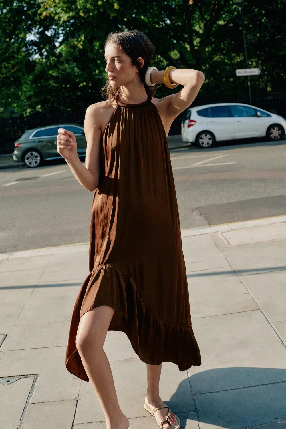 Асимметричное атласное платье миди ZARA, Brown
