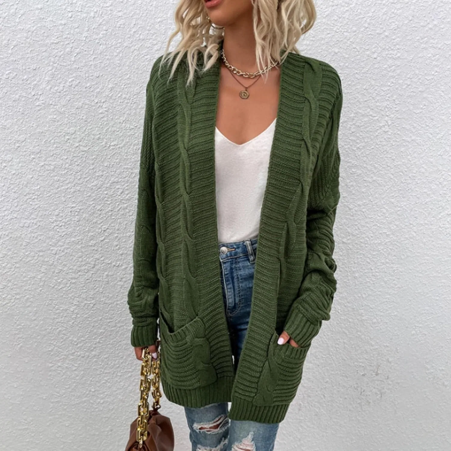 Женский кардиган-оверсайз с косами, модель Oversized Cable-Knit Open-Front Cardigan, зелёный — фото 2