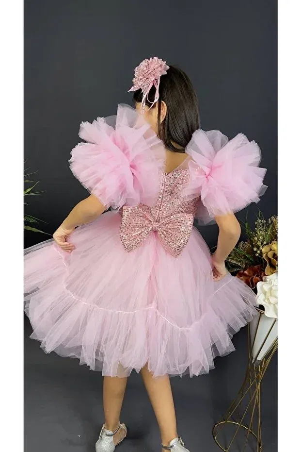 Детское платье для девочек с пайетками Puffy sleeve detailed sequin tulle powder girl's evening dress Vitastoretr, Powder — фото 3