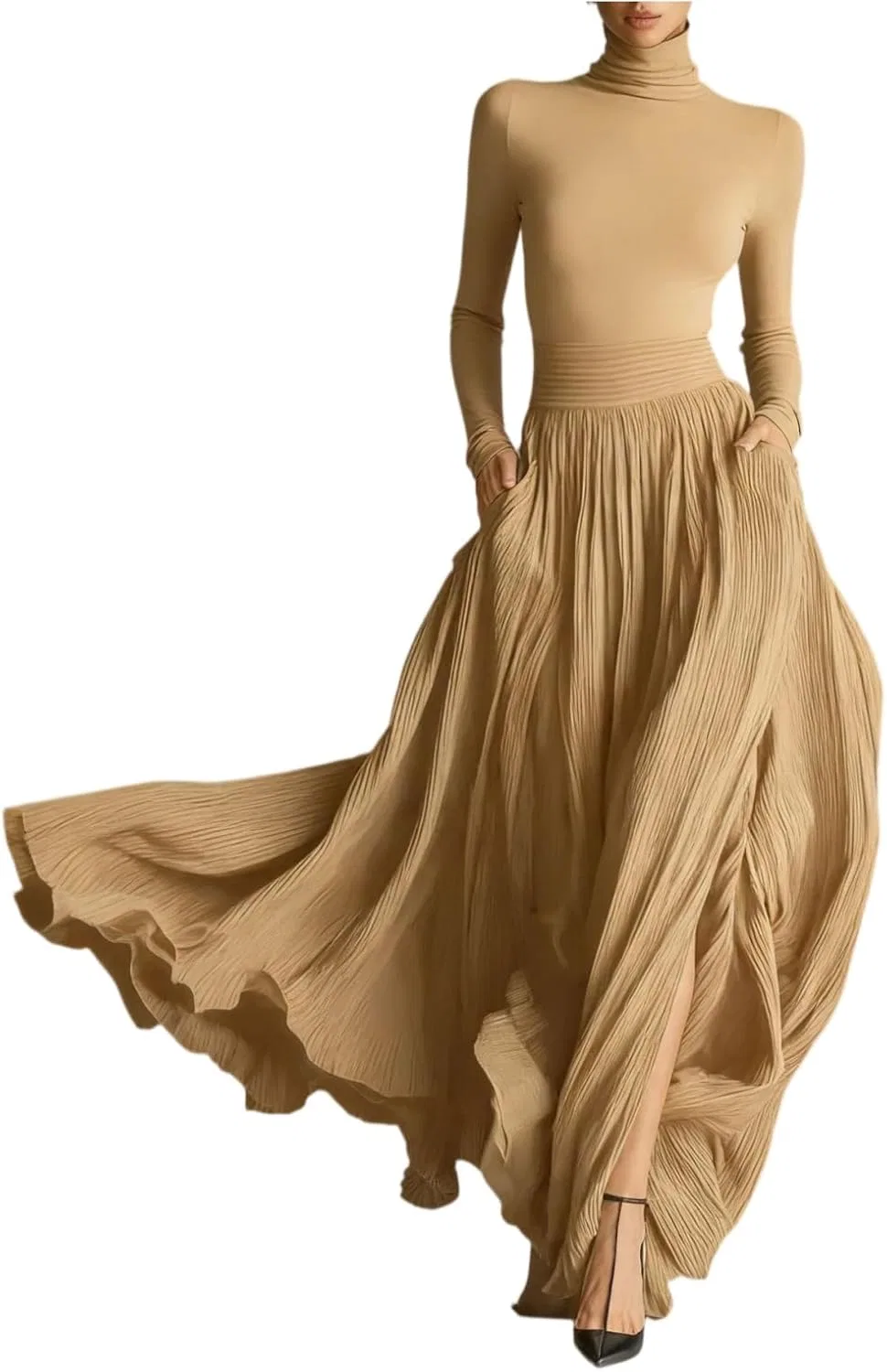 Женское платье миди с поясом V-образным вырезом Casual Chic, Camel