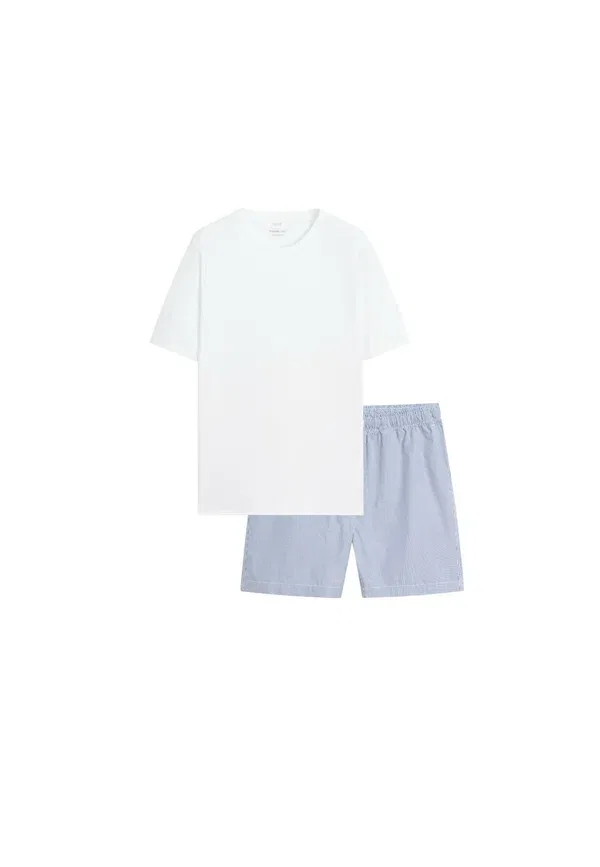 Пижамный комплект хлопковый Short sleeve pyjama top and striped trousers set Massimo Dutti, mottled dark blue, темно-синий