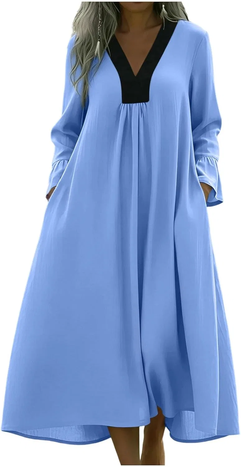Женское повседневное платье миди с V-образным вырезом Cotton Linen, Blue