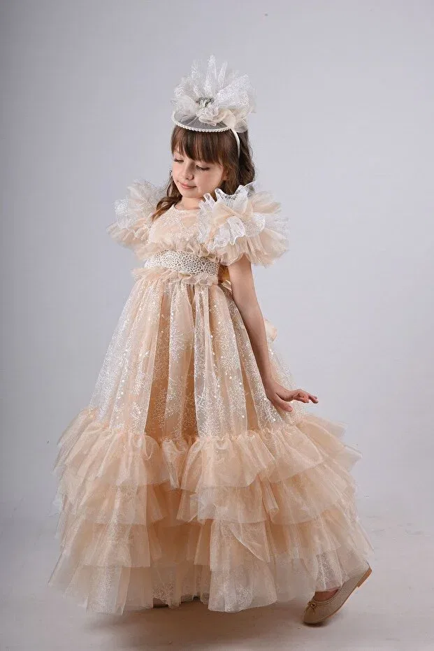 Детское вечернее платье для девочек без рукавов Special Design Girl's Evening Dress With Crown Accessories Mialora Exclusive By Emel Ebru Özdemir, Orange — фото 3