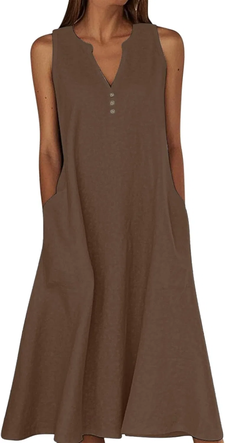 Женское летнее платье-макси sleeveless с карманами, Brown