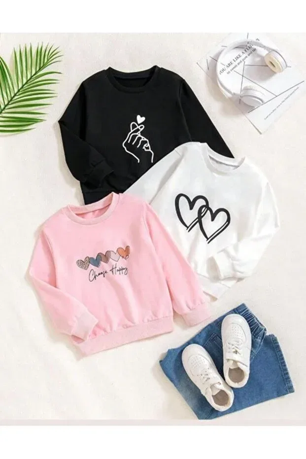 Детский комплект свитшотов для девочек 3-Piece Children's Sweatshirt Set White Double Heart, Pink 5 Hearts, Black Finger Heart Kids, Multicolor