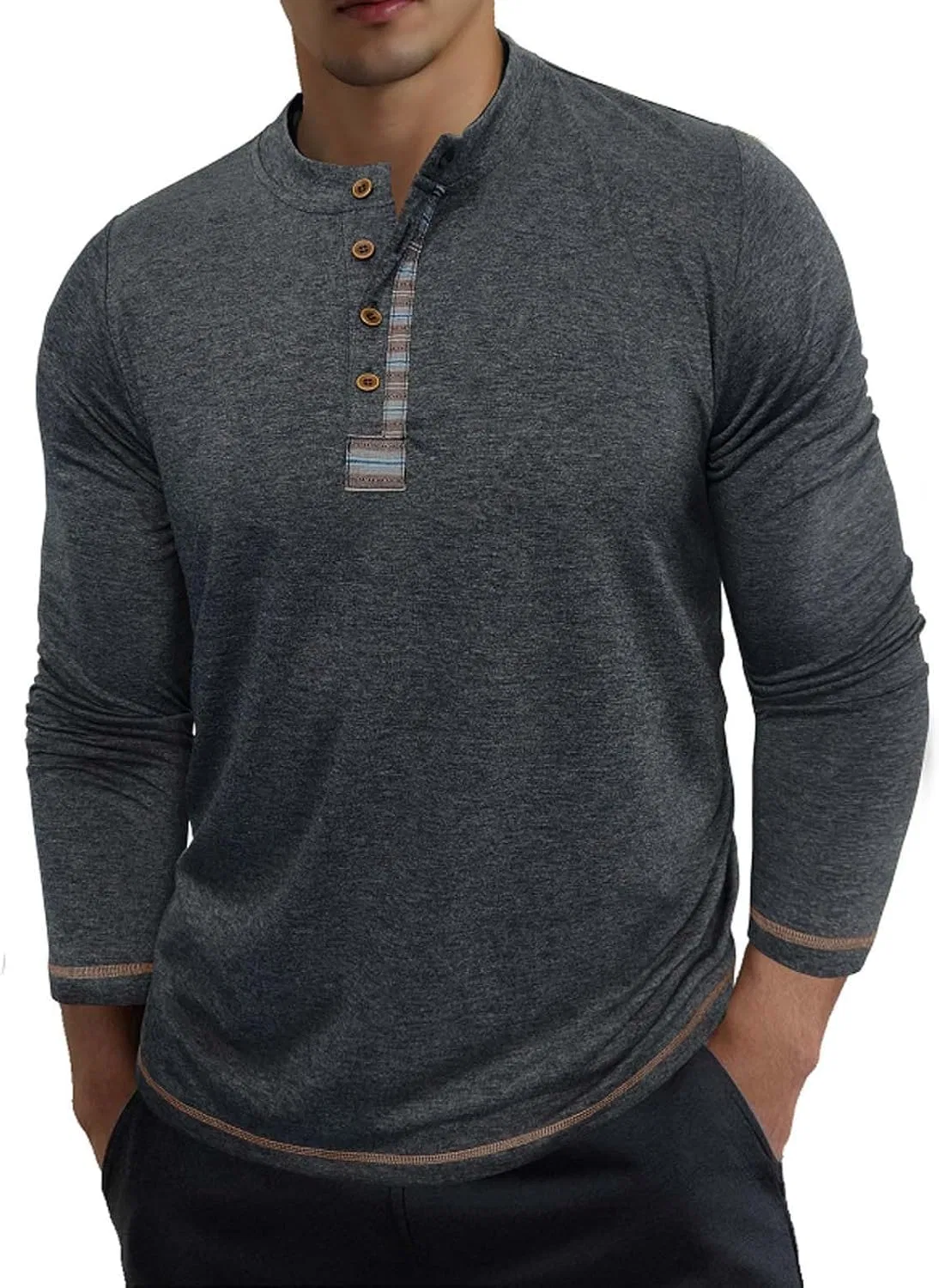 Мужская свободная футболка с длинным рукавом и воротником-хенли, Dark Gray