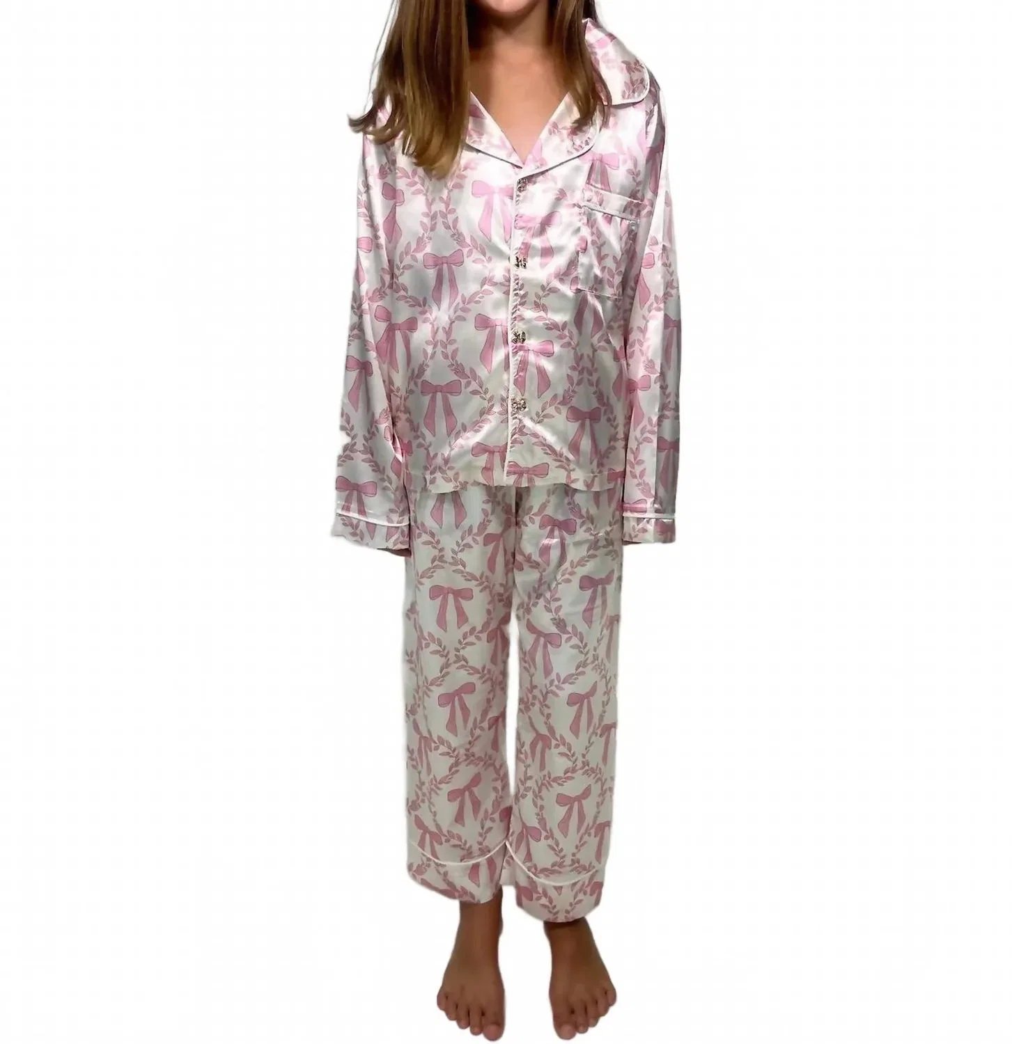 Детский пижамный комплект с бантом и цветочным принтом Bow Silky Set Mini Dreamers, розовый