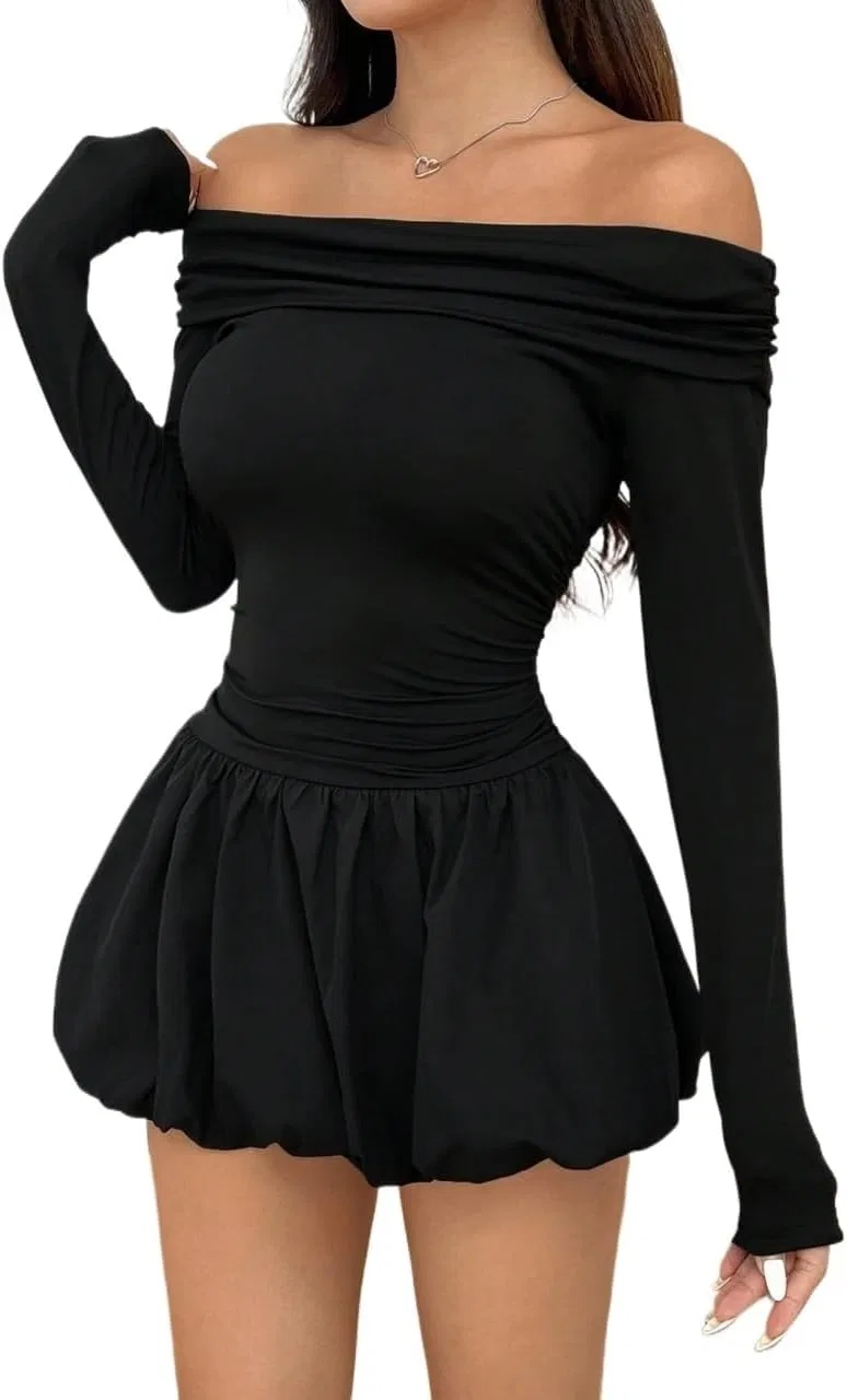 Женское мини-платье с воланами и одним рукавом A-line, Black