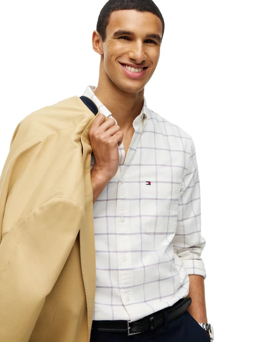Мужская рубашка с принтом в клетку, модель Heritage Regular-Fit Oxford Windowpane Tommy Hilfiger, цвета Ivory Silk/Check — фото 3
