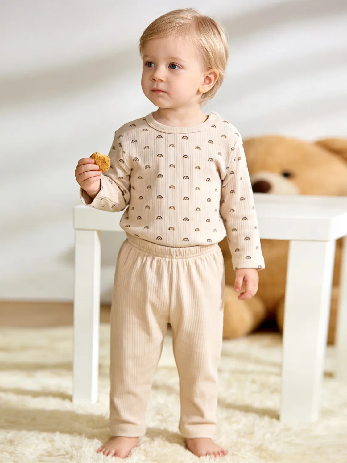Комплект пижамный с принтом из хлопка с длинным рукавом Babies Basic, бежевый — фото 2