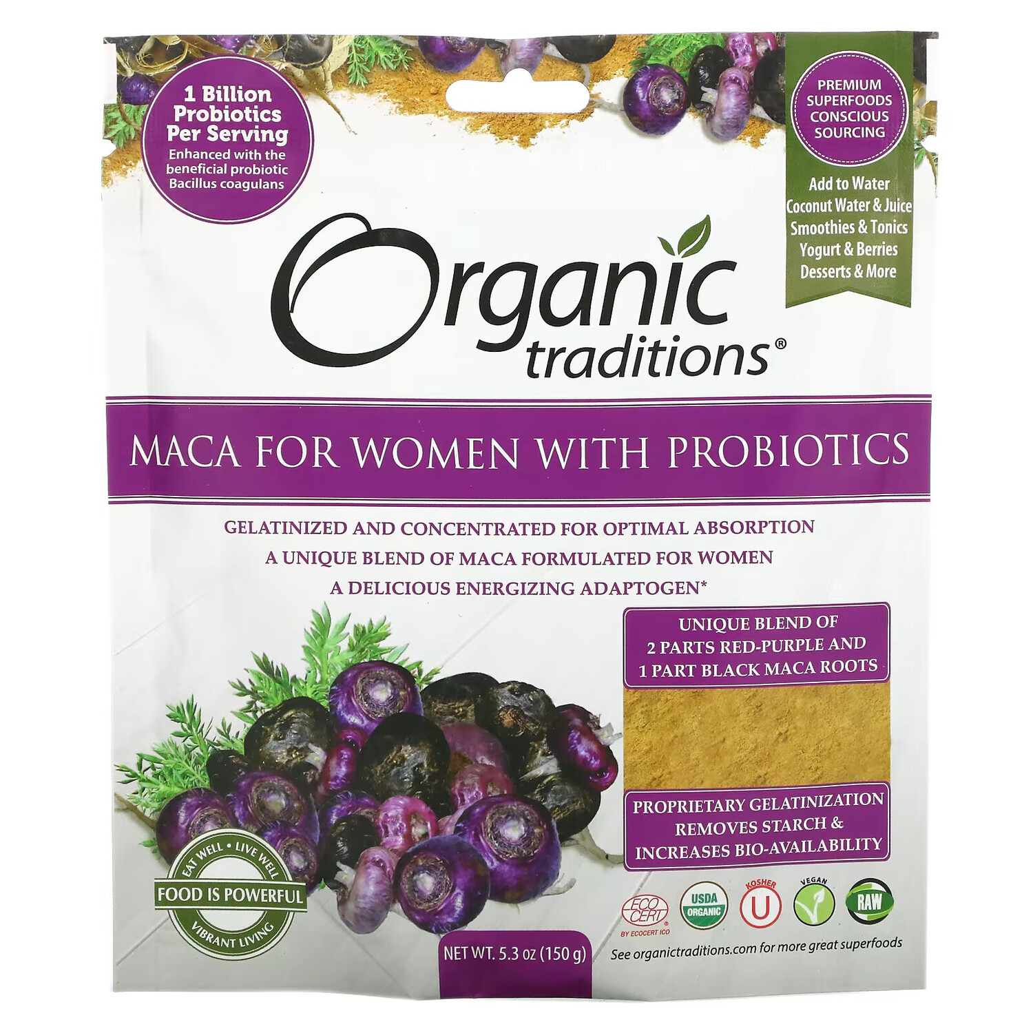 

Organic Traditions, Мака для женщин с пробиотиками, 150 г (5,3 унции)