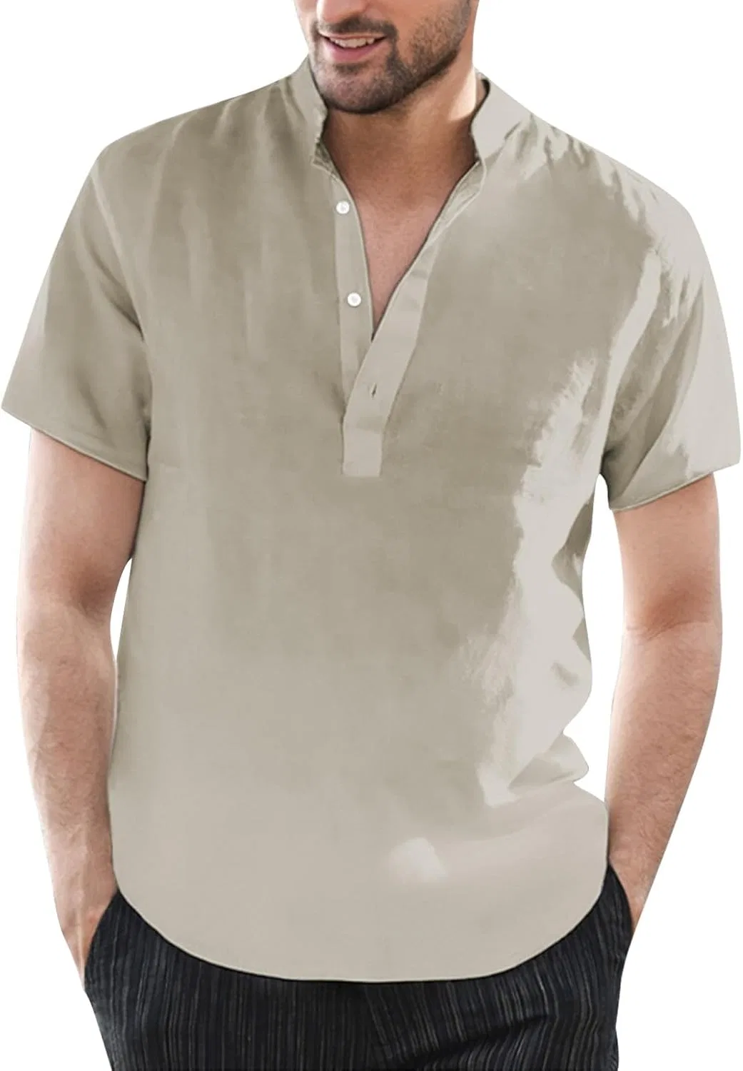 Мужская рубашка-поло из льна с коротким рукавом, Khaki#19-linen Henley Shirt