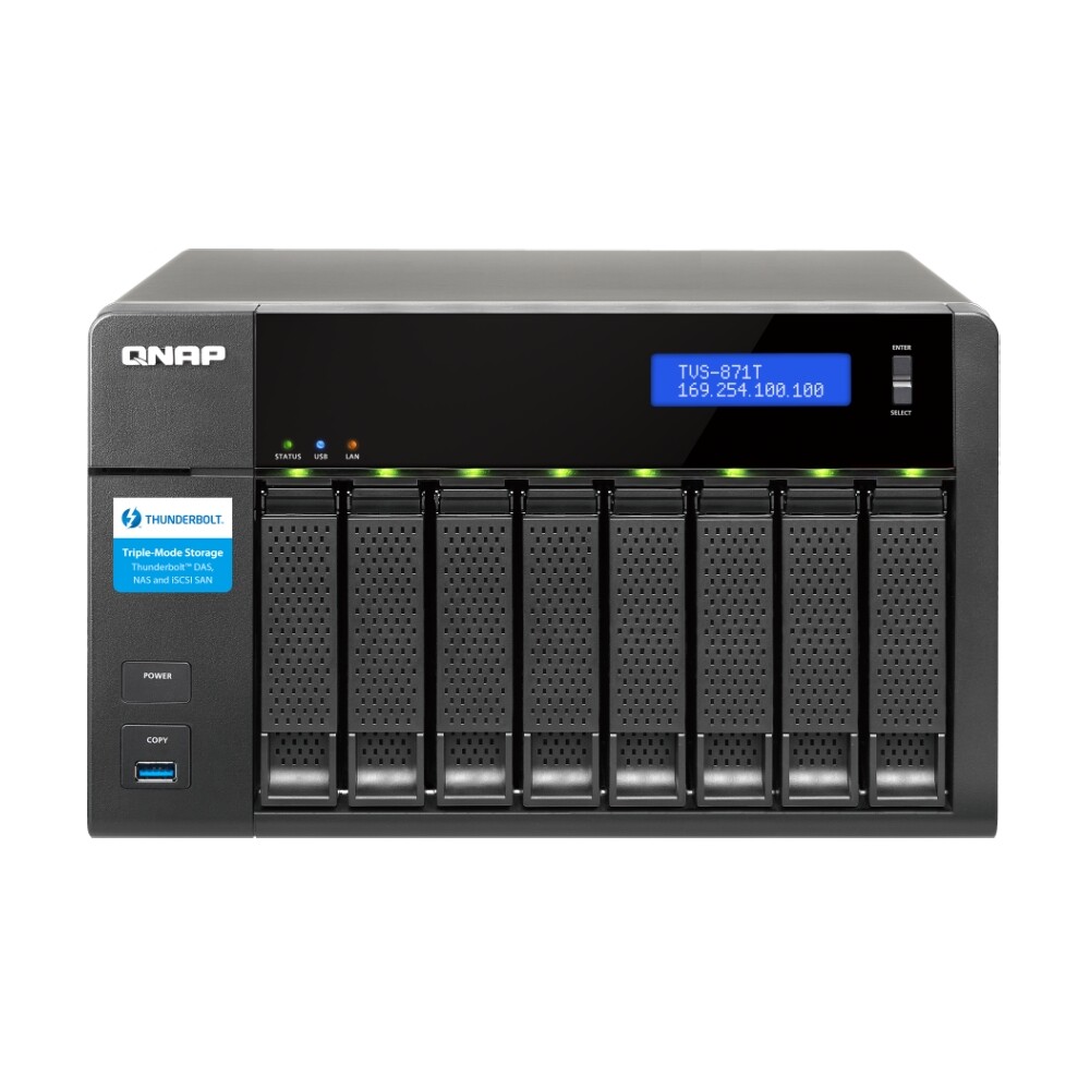 

Сетевое хранилище QNAP TVS-871T, 8 отсеков, 16 ГБ, без дисков, черный