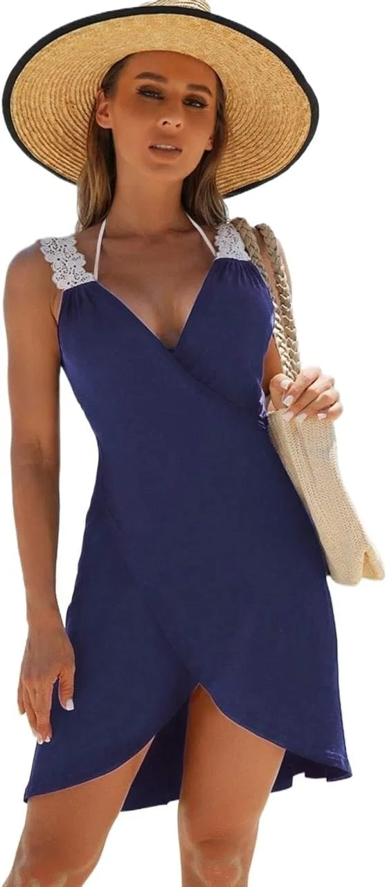 Женская пляжная накидка с V-образным вырезом и боковым разрезом, Navy Blue