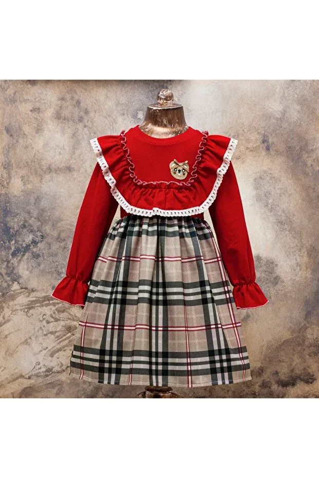 Детское платье для девочек с вышивкой Teddy bear embroidered ruffled Gocoland, Red