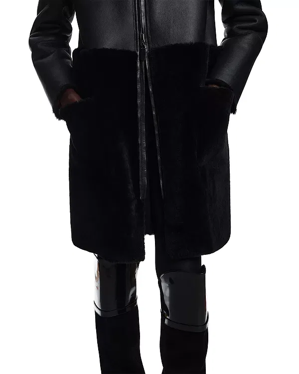 Женское пальто из овчины с воротником-стойкой Reversible Shearling Coat Emporio Armani, Black Beauty — фото 3