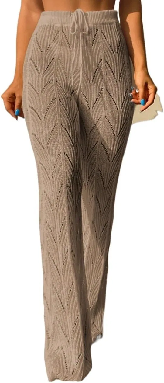 Женский пляжный костюм с hollow out Knit Cover Up Pants, Khaki