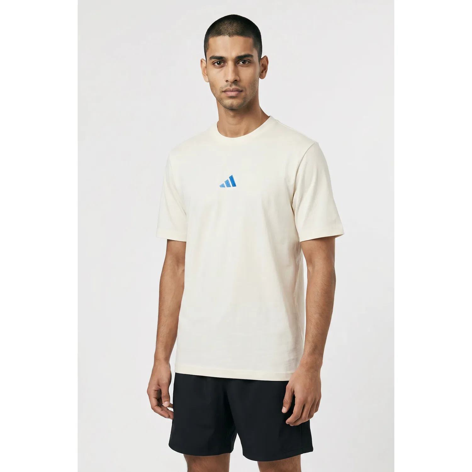 Детская хлопковая трикотажная футболка с 3-полосным логотипом Adidas Sportswear, Off White/Ray Blue — фото 2