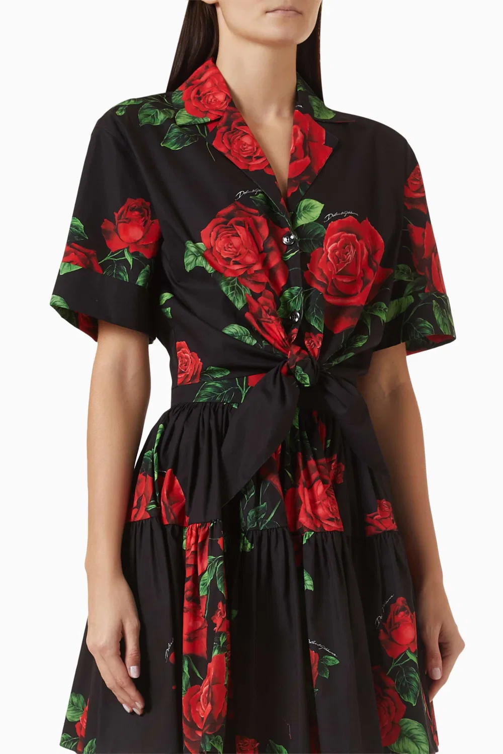 Рубашка укороченная с принтом роз хлопковая Dolce & Gabbana
