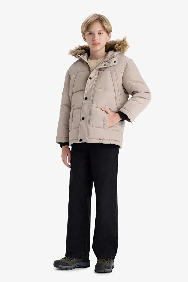 Детское пальто для девочек с капюшоном Detachable Faux Fur Collar Hooded Fleece-Lined Coat Boys e7417a825wn Defacto, Beige-Bg755 — фото 2