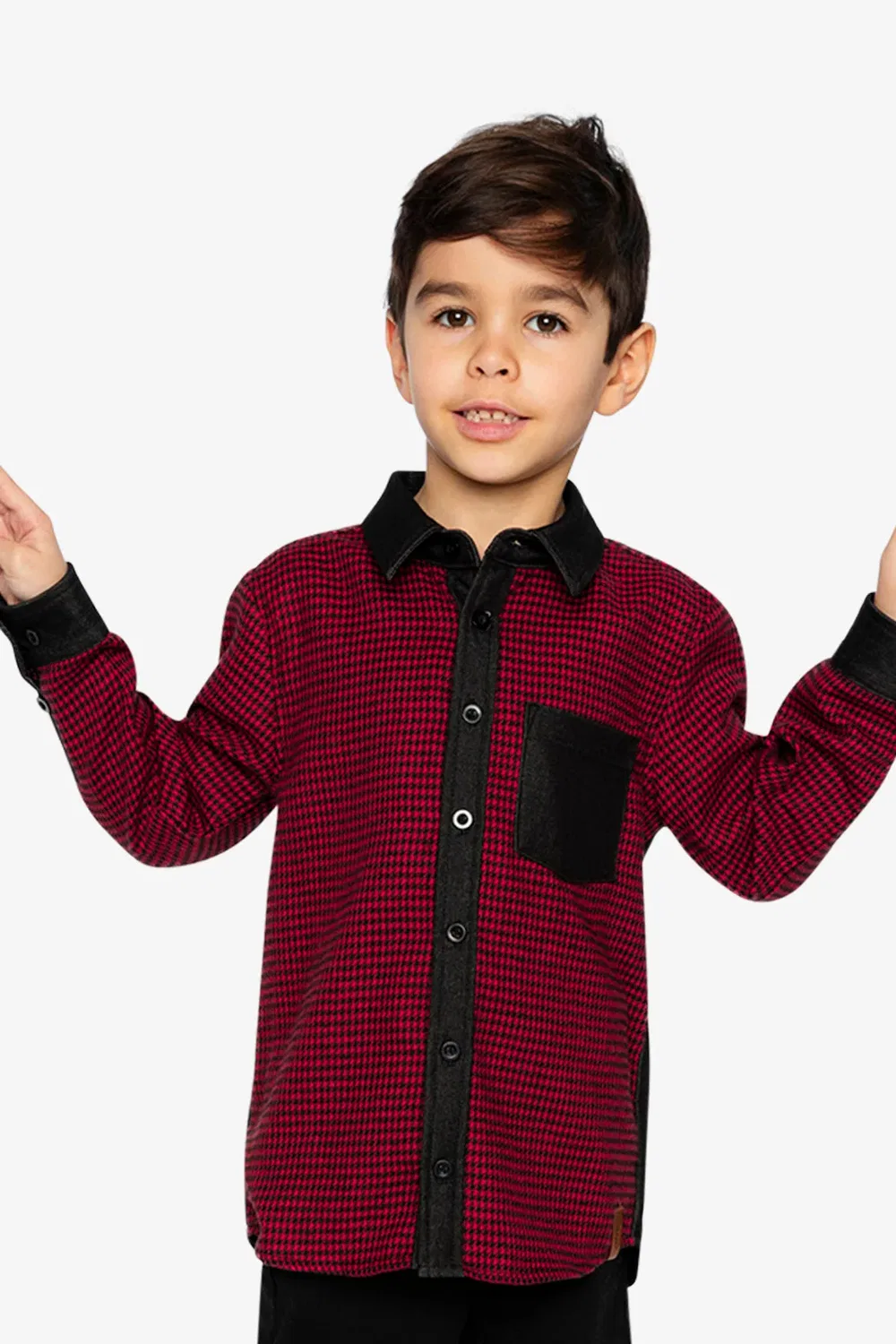 Детская рубашка для мальчиков с длинным рукавом Button Down Shirt Deux par Deux, Black and Red Houndstooth — фото 2