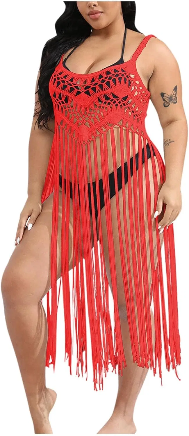 Женская пляжная накидка с кисточками Hollow Out Tassel, Red
