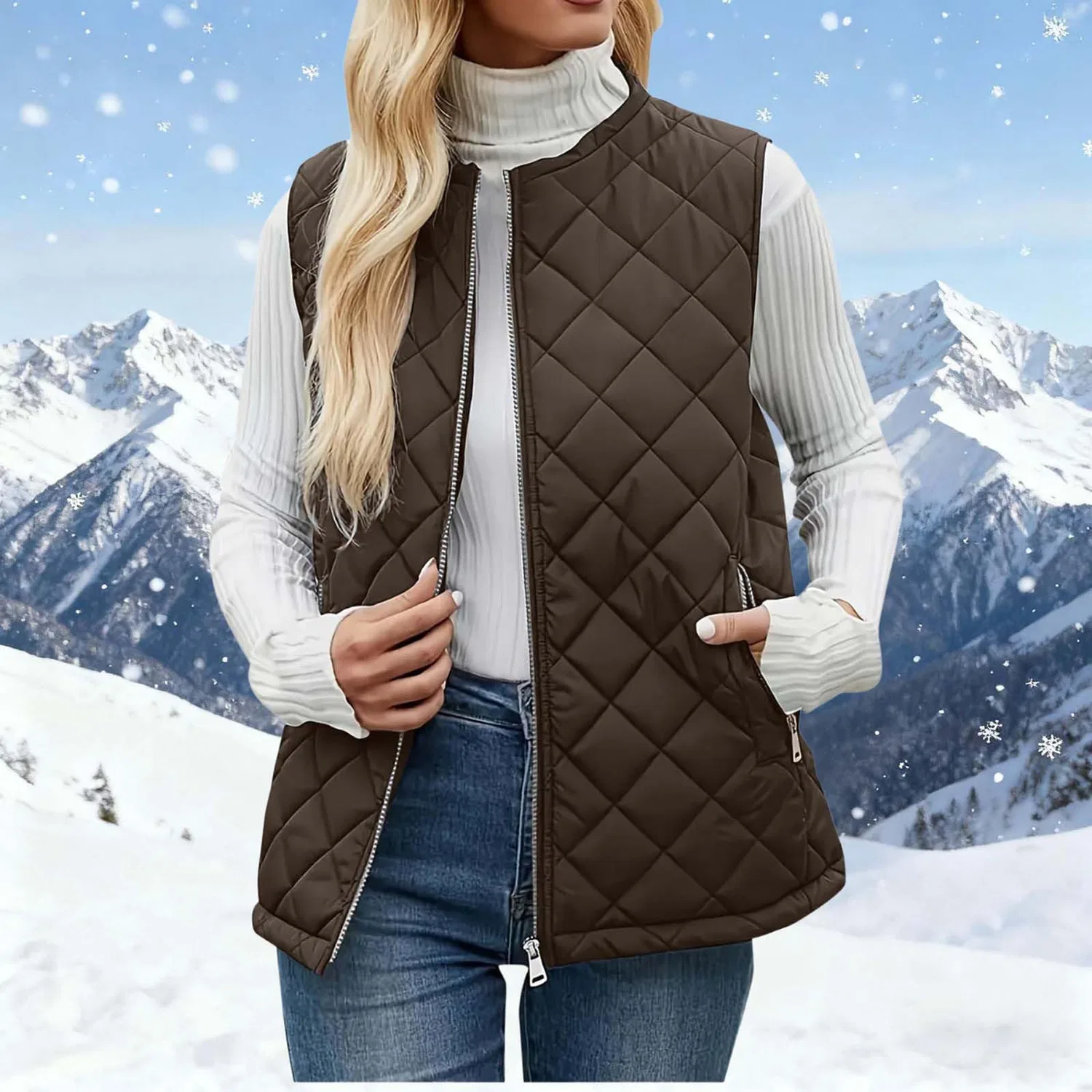 Женский стеганый жилет без рукавов с молнией, хлопковый, Caffè 1 — фото 3