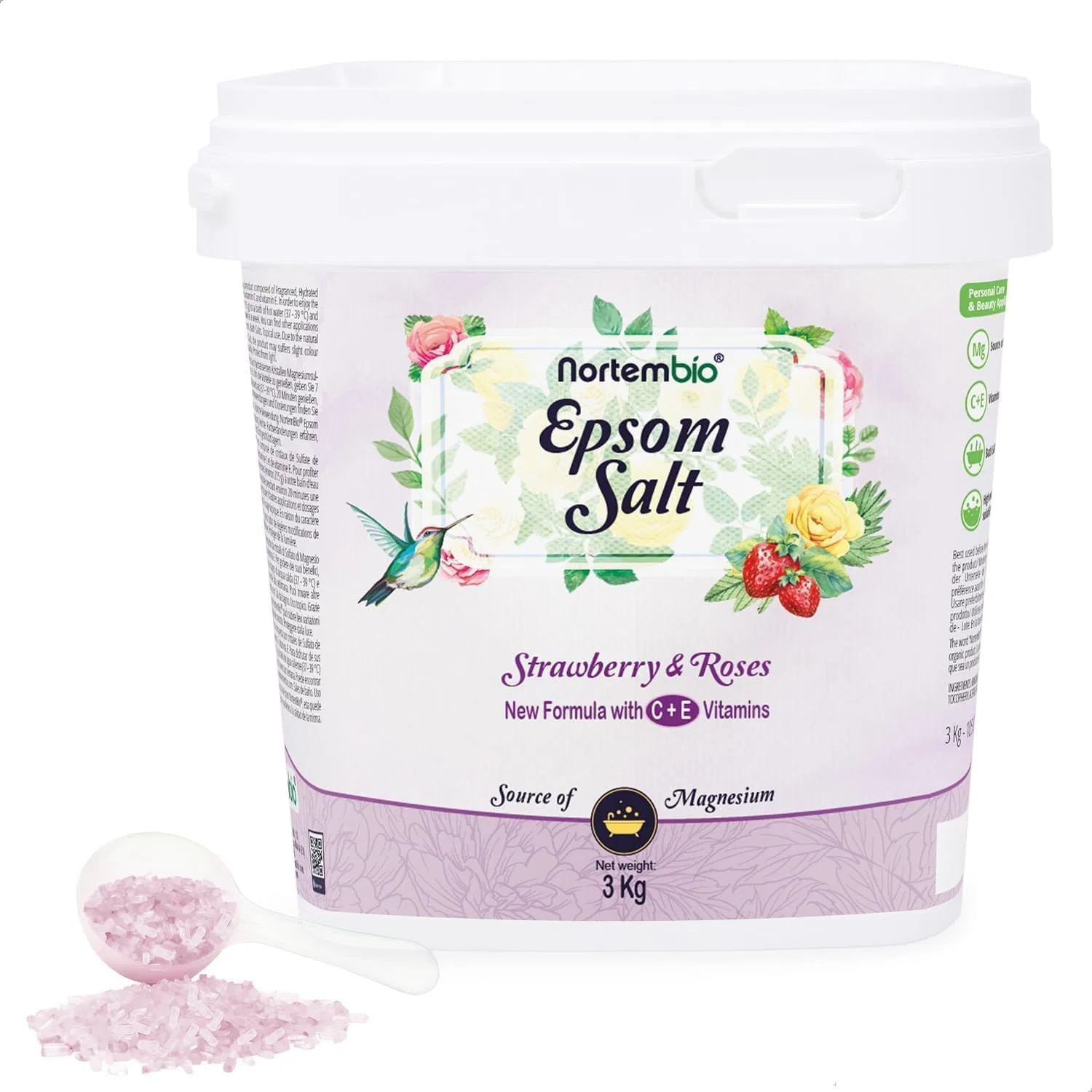 Соль для ванн Epsom Salt, Strawberry & Roses, Nortembio, 3 кг
