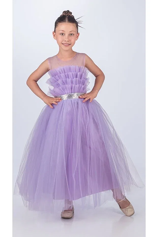 Детское платье для девочек без рукавов Sapes model back gipeli tulle girl's strap satin evening dress mnk0618 Mnk Baby&Kids, Lila — фото 3