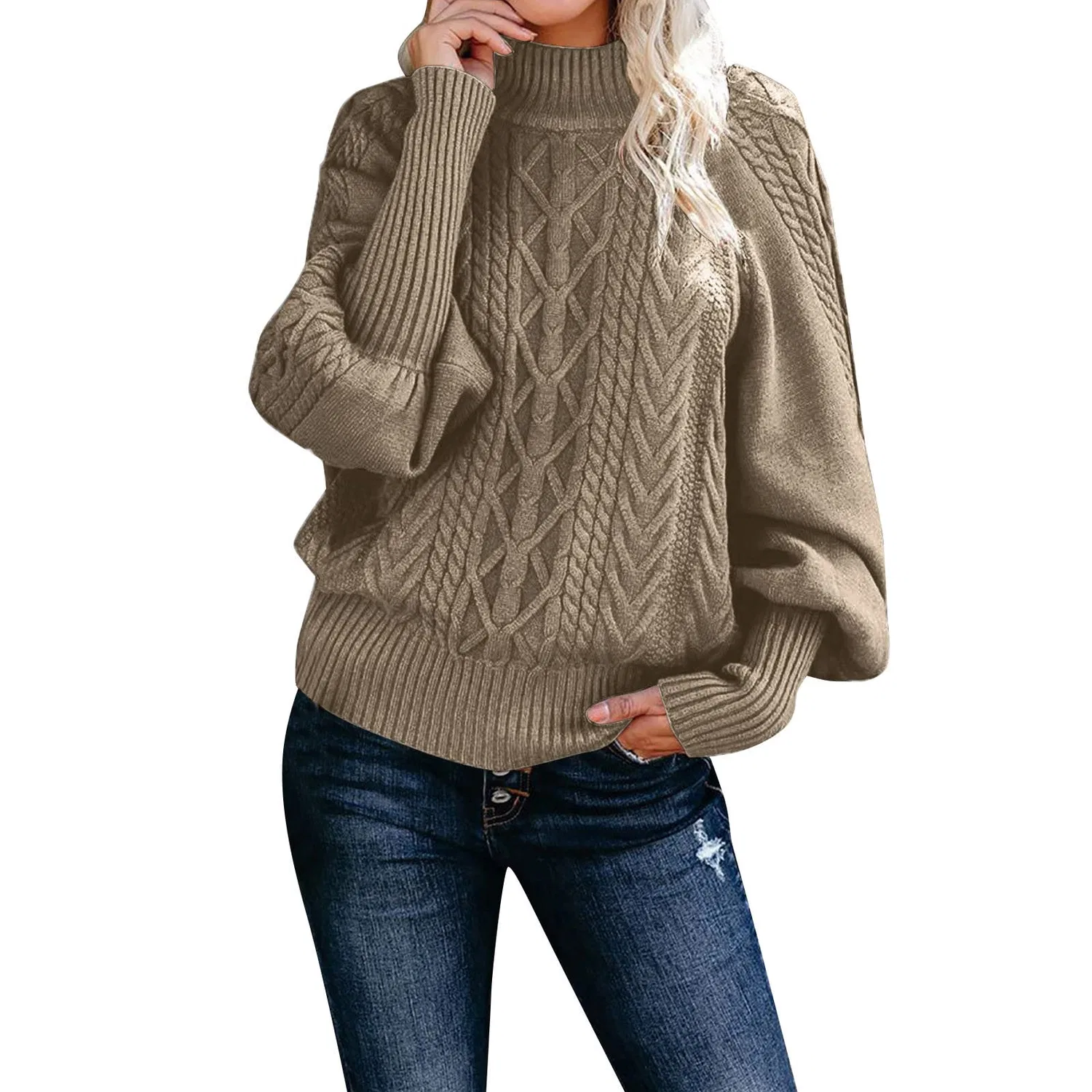 Женский свитер свободного кроя с круглым вырезом и длинным рукавом, Dark Khaki