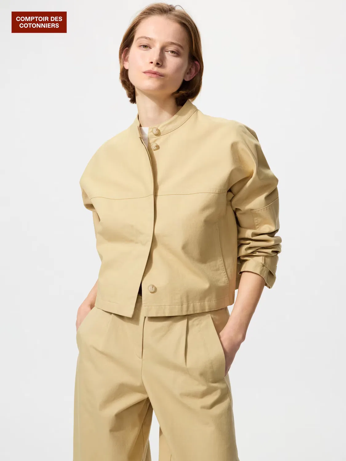 Хлопковая короткая куртка Uniqlo, короткая, бежевый