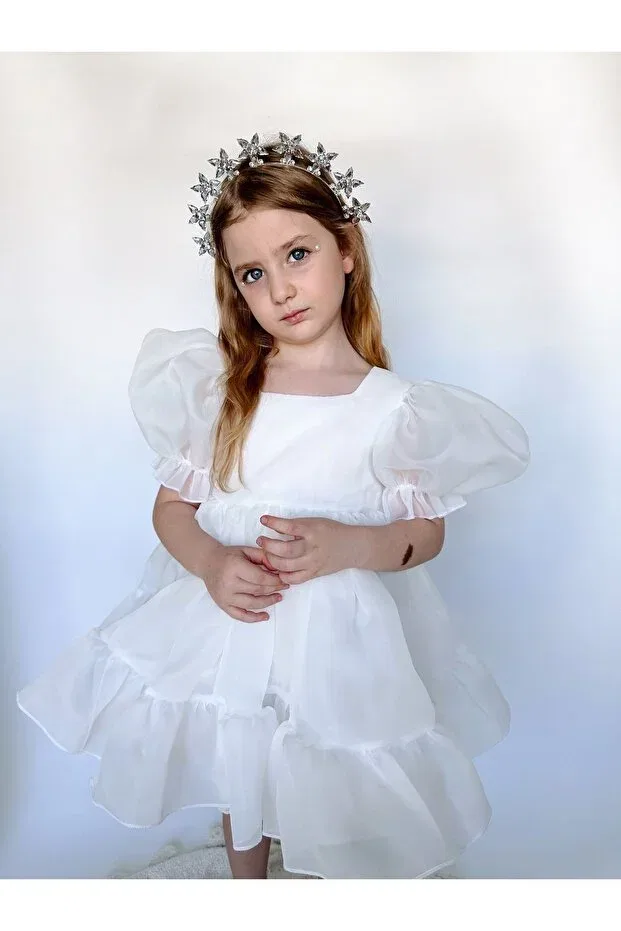 Детское платье для девочек с коротким рукавом-фонарик Linola Baby Kids, Ecru