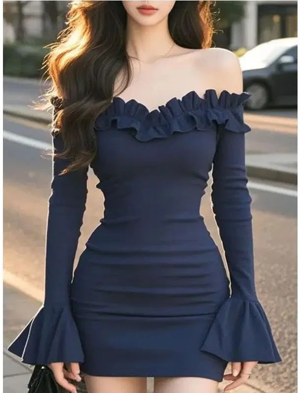 Женское элегантное платье с отложным воротником A-силуэта, Navy Blue — фото 3