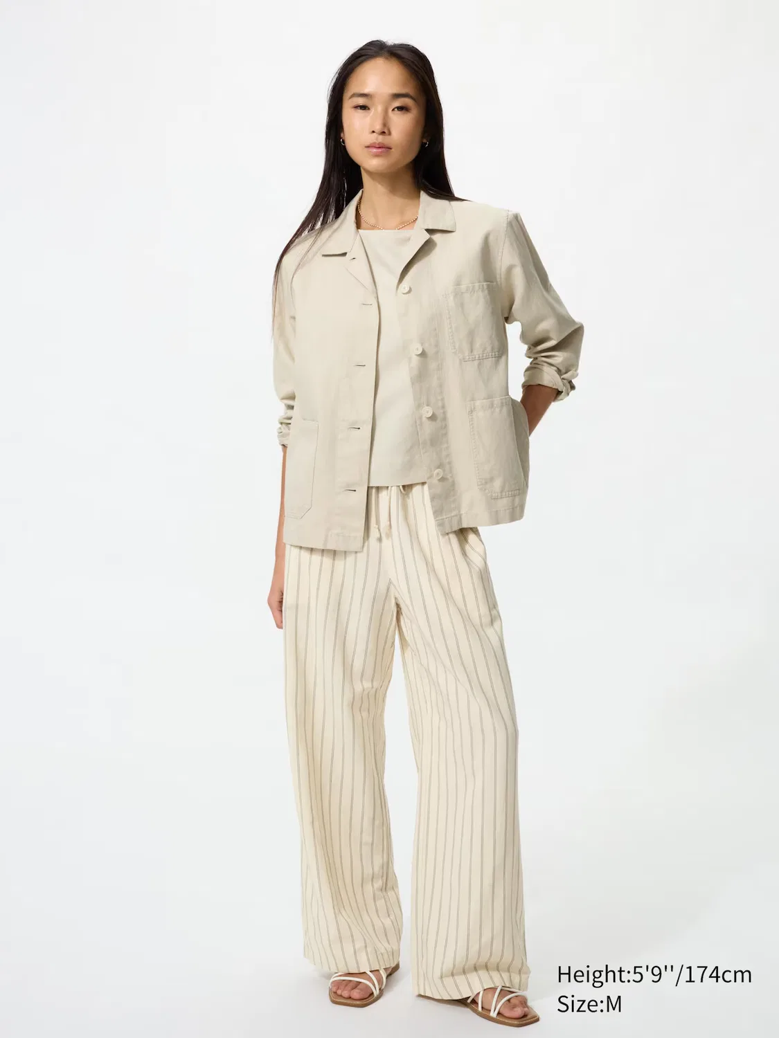 Брюки Uniqlo, из смесовой льняной ткани, в полоску, кремовые