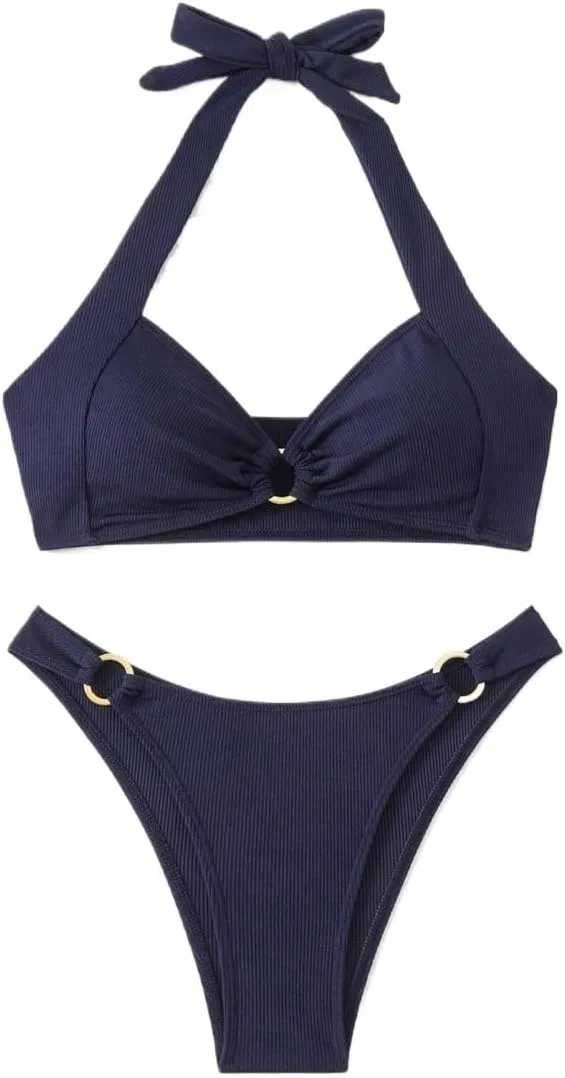 Женский бикини-сет с высокой талией и завязками на спине, Navy Blue