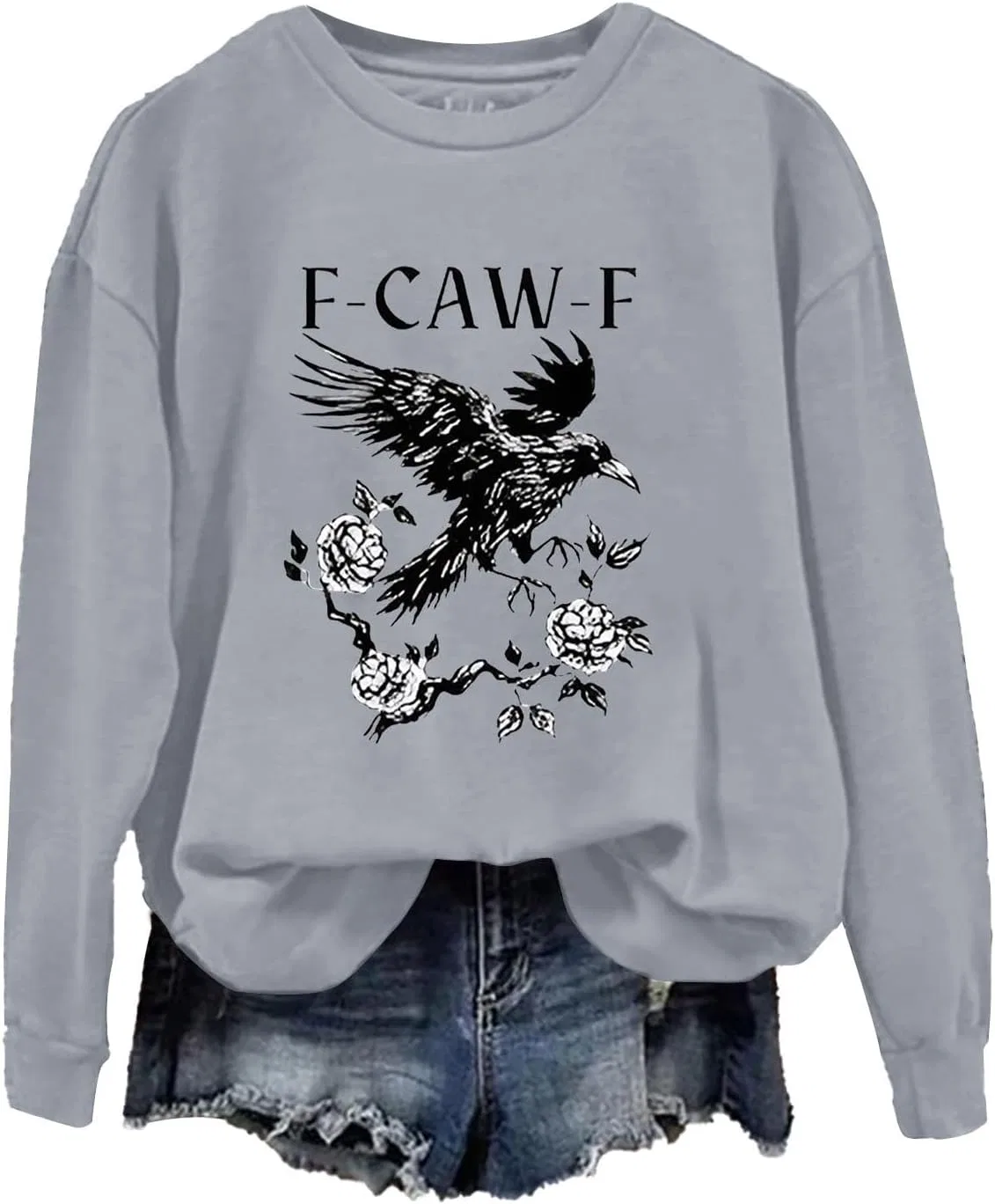 Женский свитшот-худи с принтом Caw F Crow Funny, серый