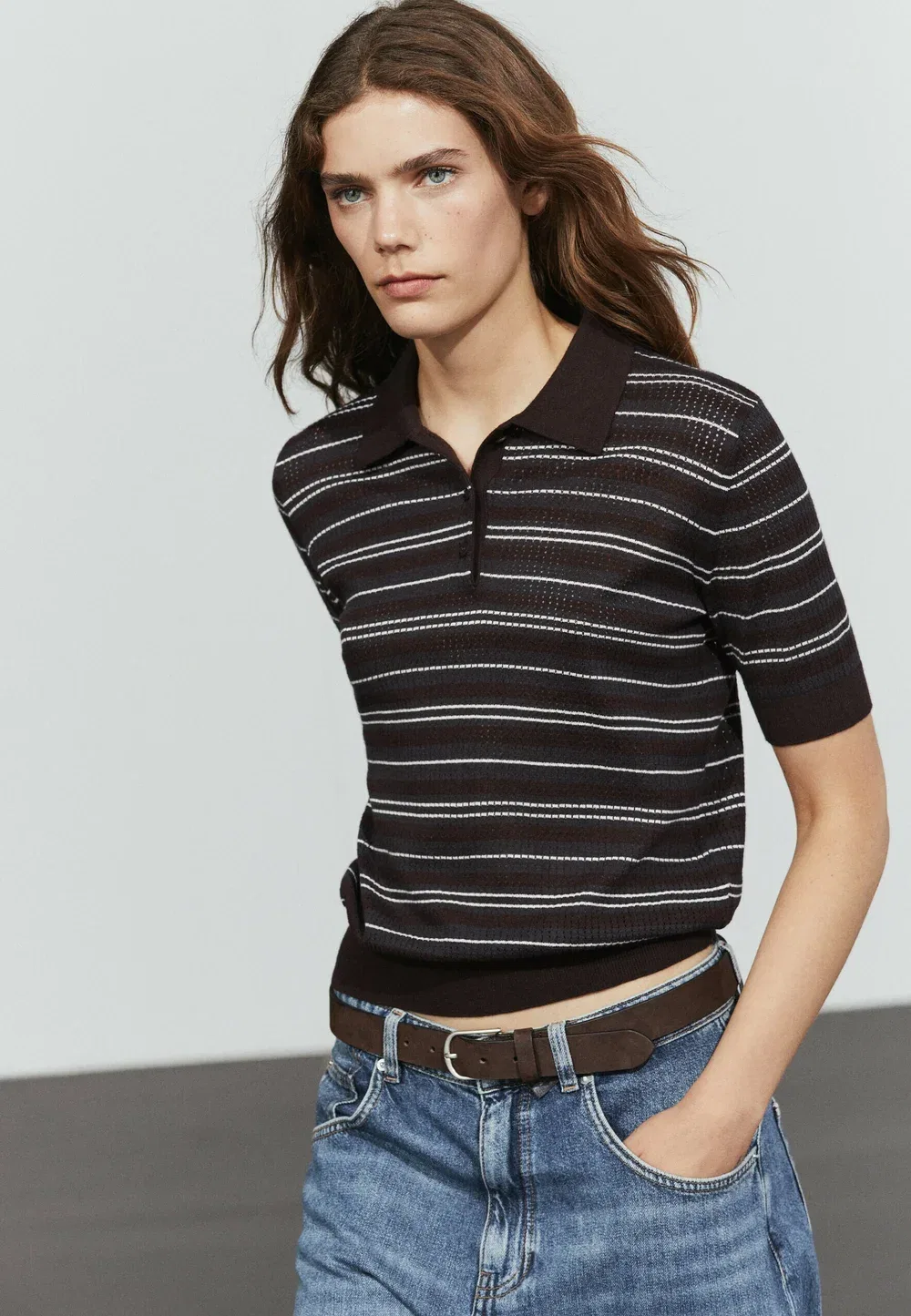 Поло из хлопковой смеси в полоску, ажурной вязки Massimo Dutti, Dark Blue