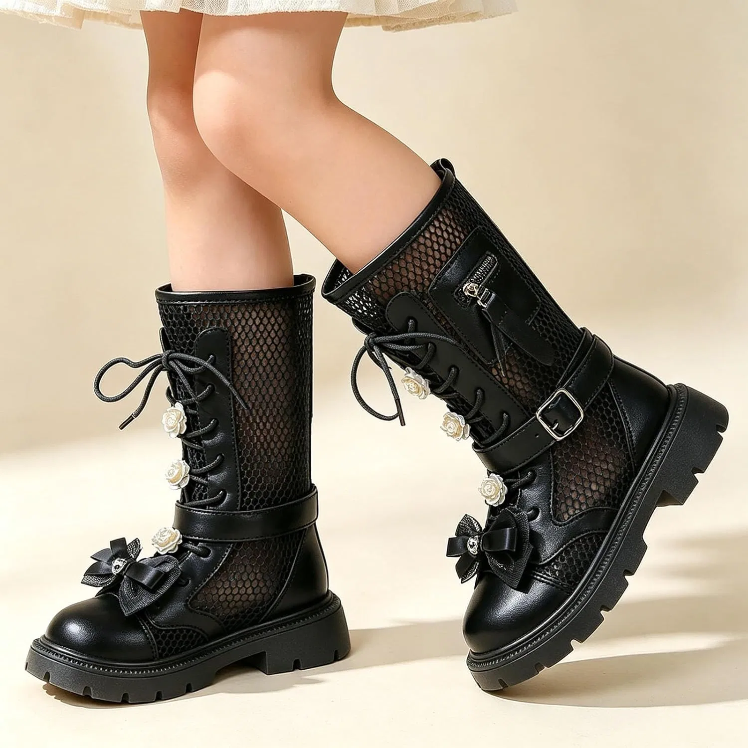 Детские сапоги для девочек с бантом и цветком Zzalalana, Black — фото 2