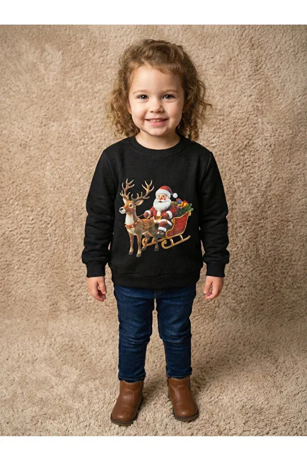 Детские свитшот для девочек с принтом Christmas themed santa claus and deer printed Muba Kids, Black — фото 4